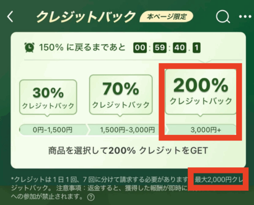 クレジットバックイベント画面